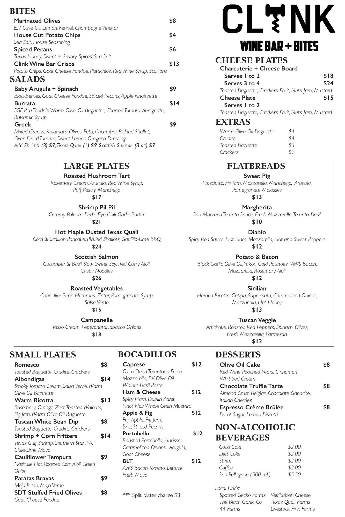 Clink Wine Bar food menu with bites, salads, plates, flatbreads and desserts