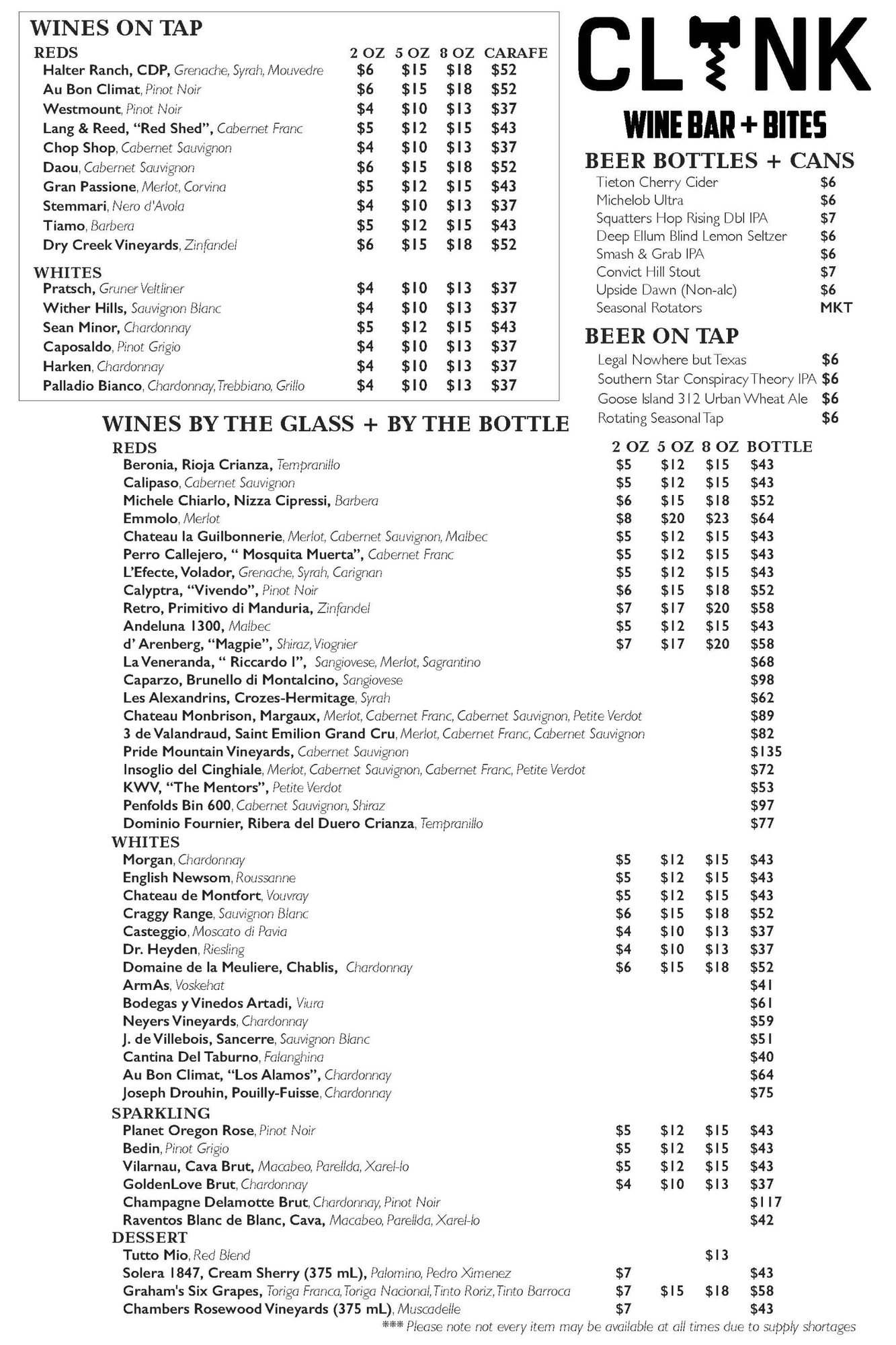 Clink wine and beer menu with pour sizes in aligned price columns