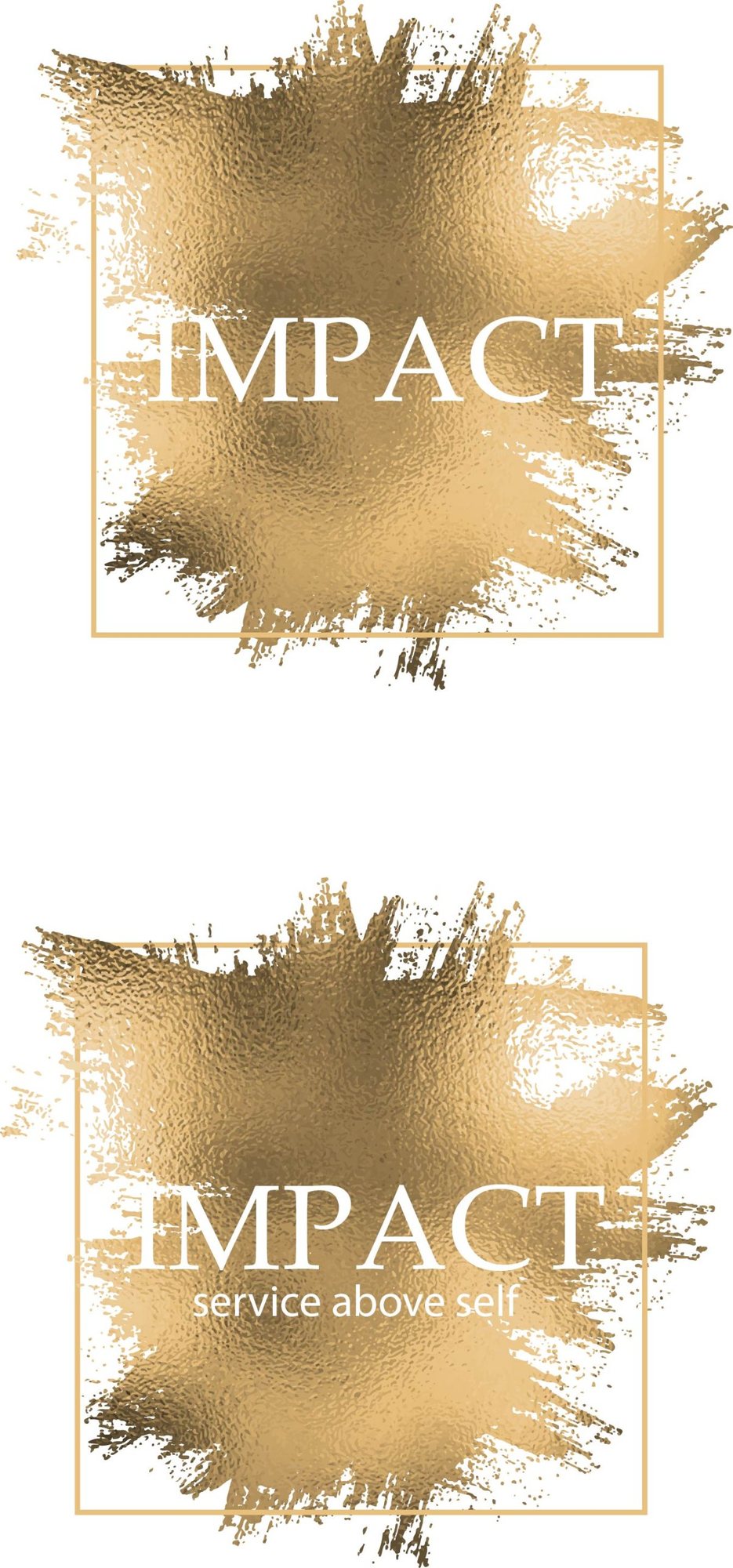IMPACT logo on a gold foil brushstroke, shown with and without the tagline Service above self