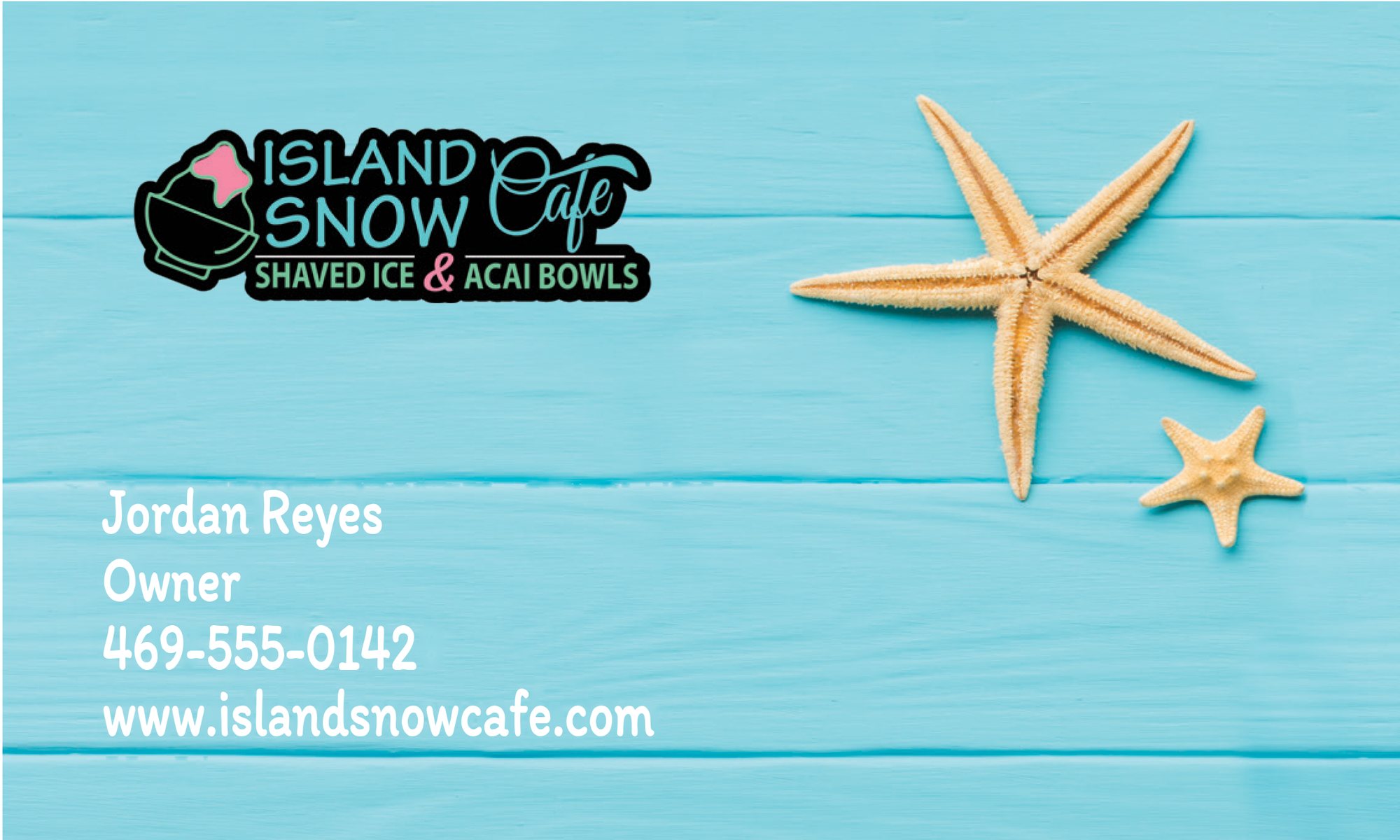 Island Snow Cafe business card, turquoise boards with starfish